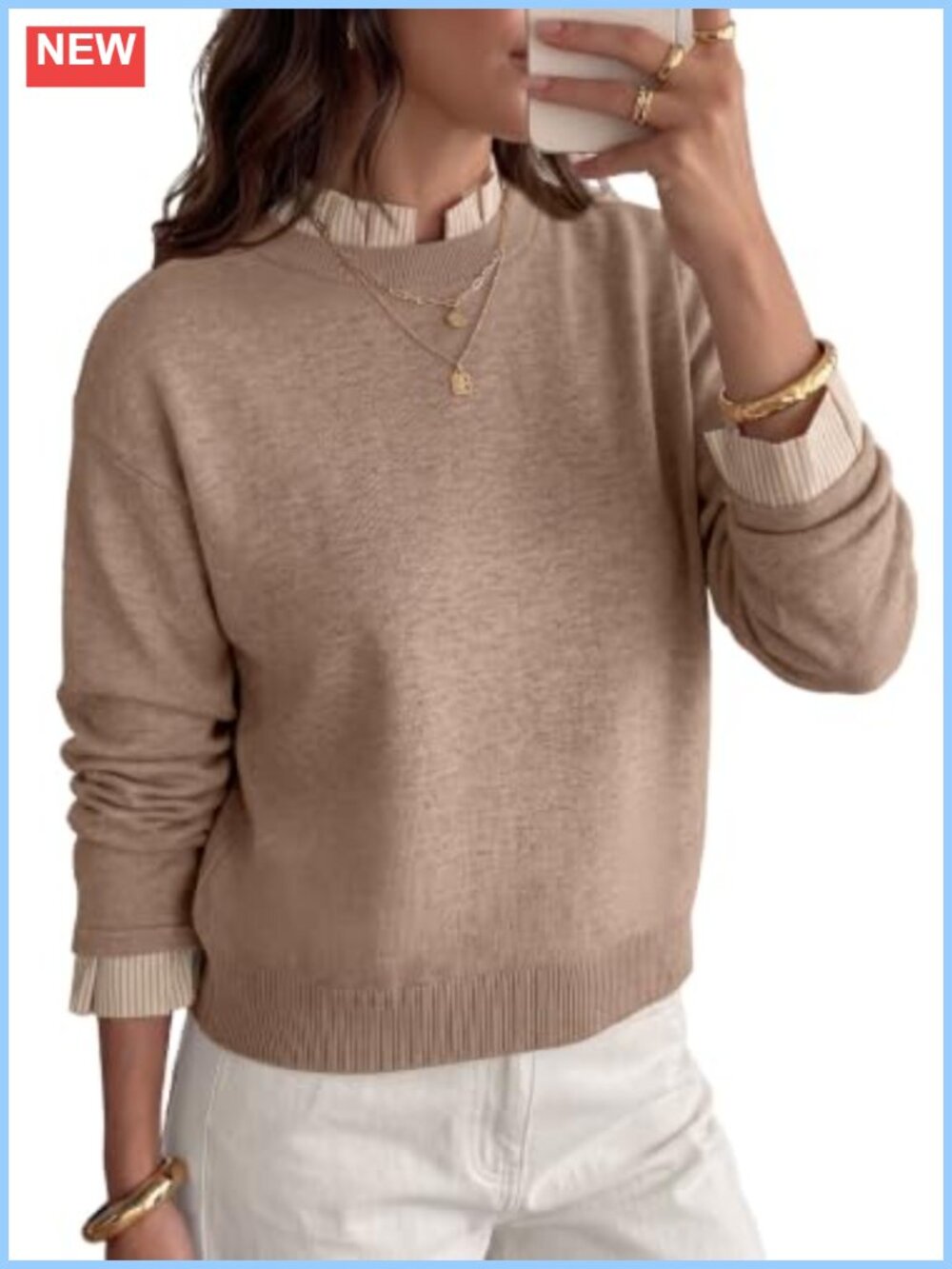 2 in 1 Mock Neck Pullover Sweater Cropped Knit Layered Look